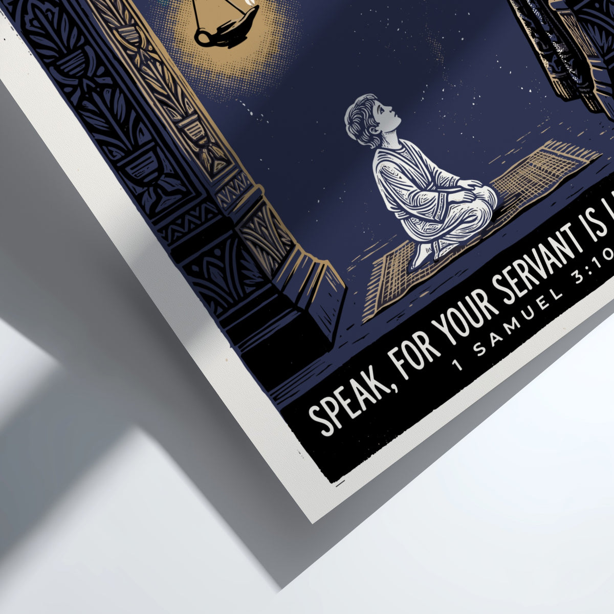 Poster featuring a kneeling young Samuel under a lamp with Speak For Your Servant Is Listening text.