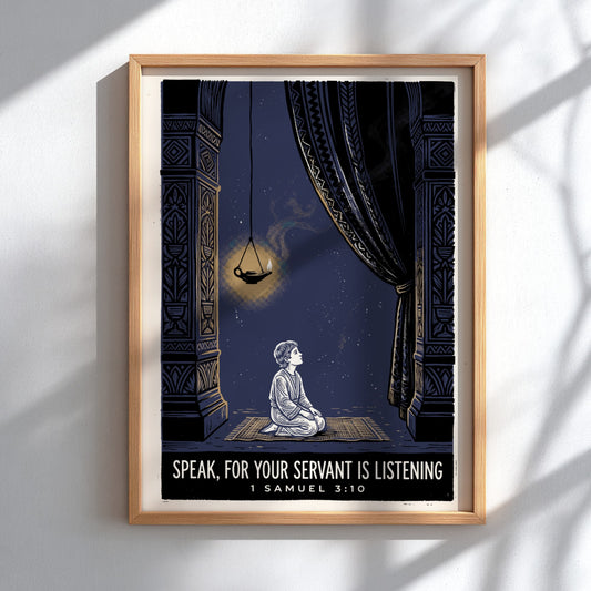 Poster featuring a kneeling young Samuel under a lamp with Speak For Your Servant Is Listening text.