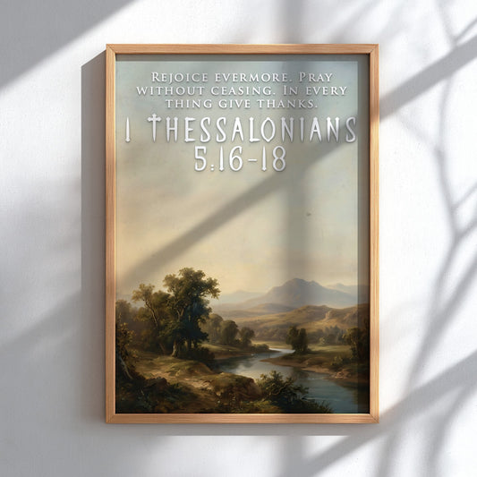 Poster featuring a tranquil river valley landscape with 1 Thessalonians 5:16-18 text overlay.