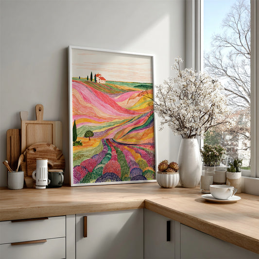 Lavender fields poster with vibrant, textured rows of purple, pink, and yellow flowers leading to a