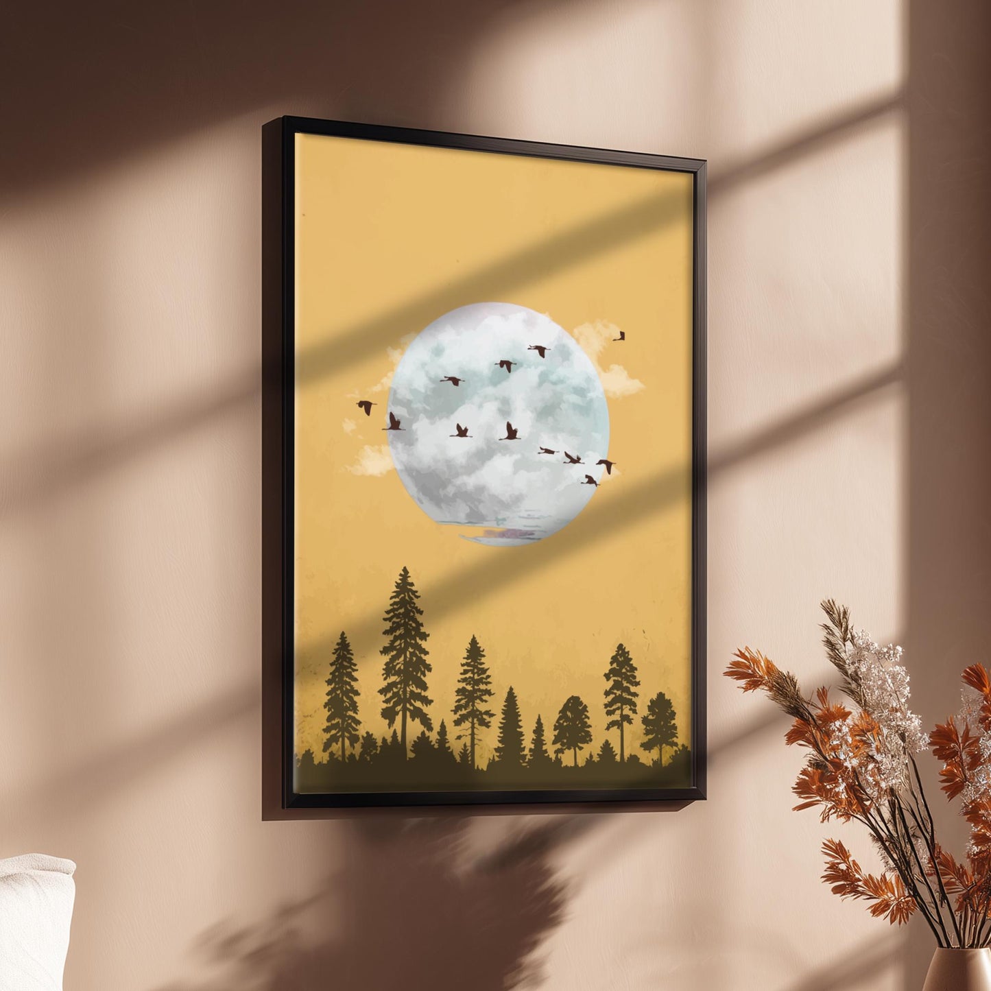 Golden Moon Forest Art Print – Warm Nature Wall Decor