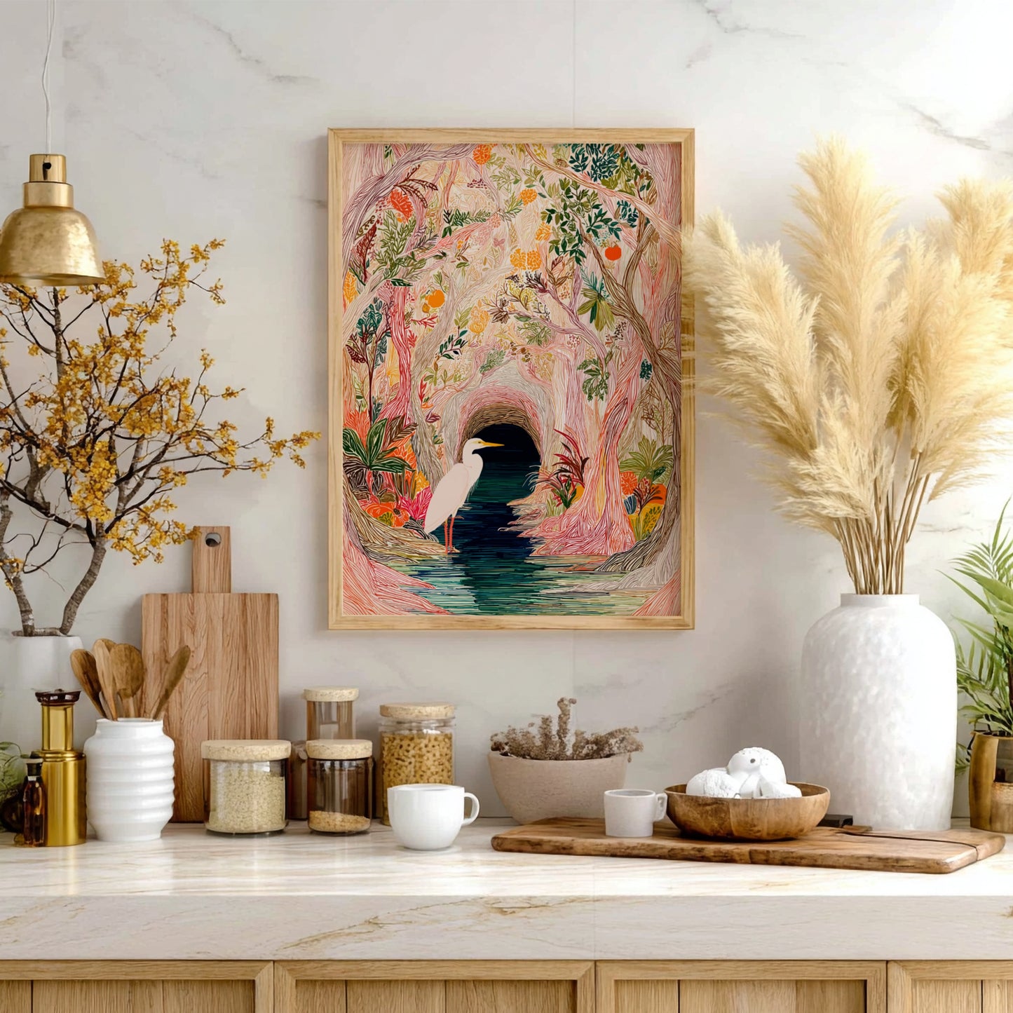 Mangrove Heron Art Print featuring a white heron by a dark water channel in a colorful, textured for
