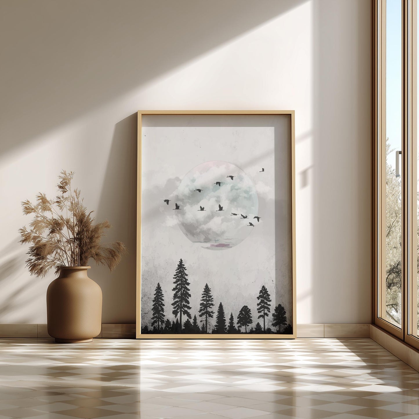 White Moon Forest Wall Art – Minimalist Nature Poster