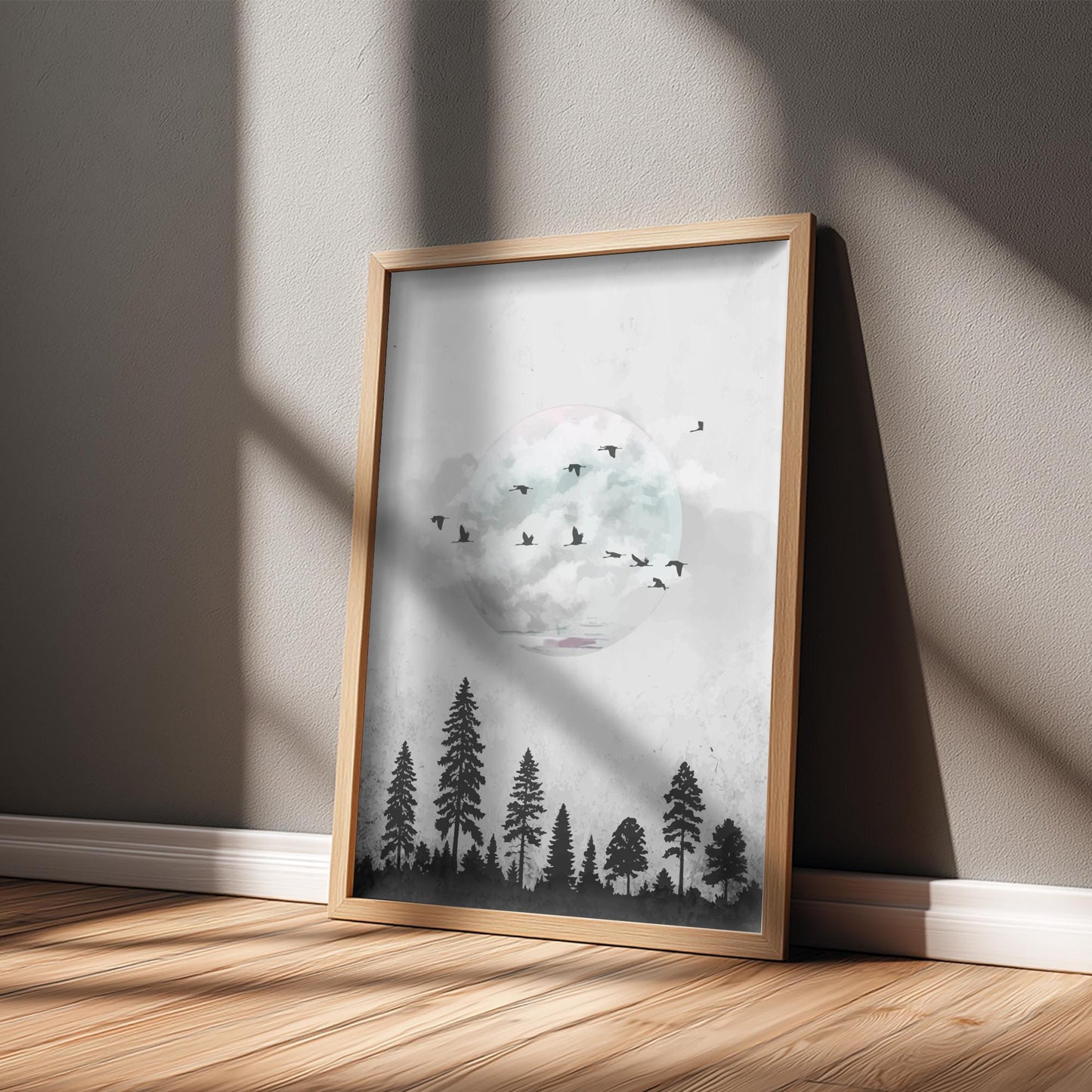 White Moon Forest Wall Art – Minimalist Nature Poster