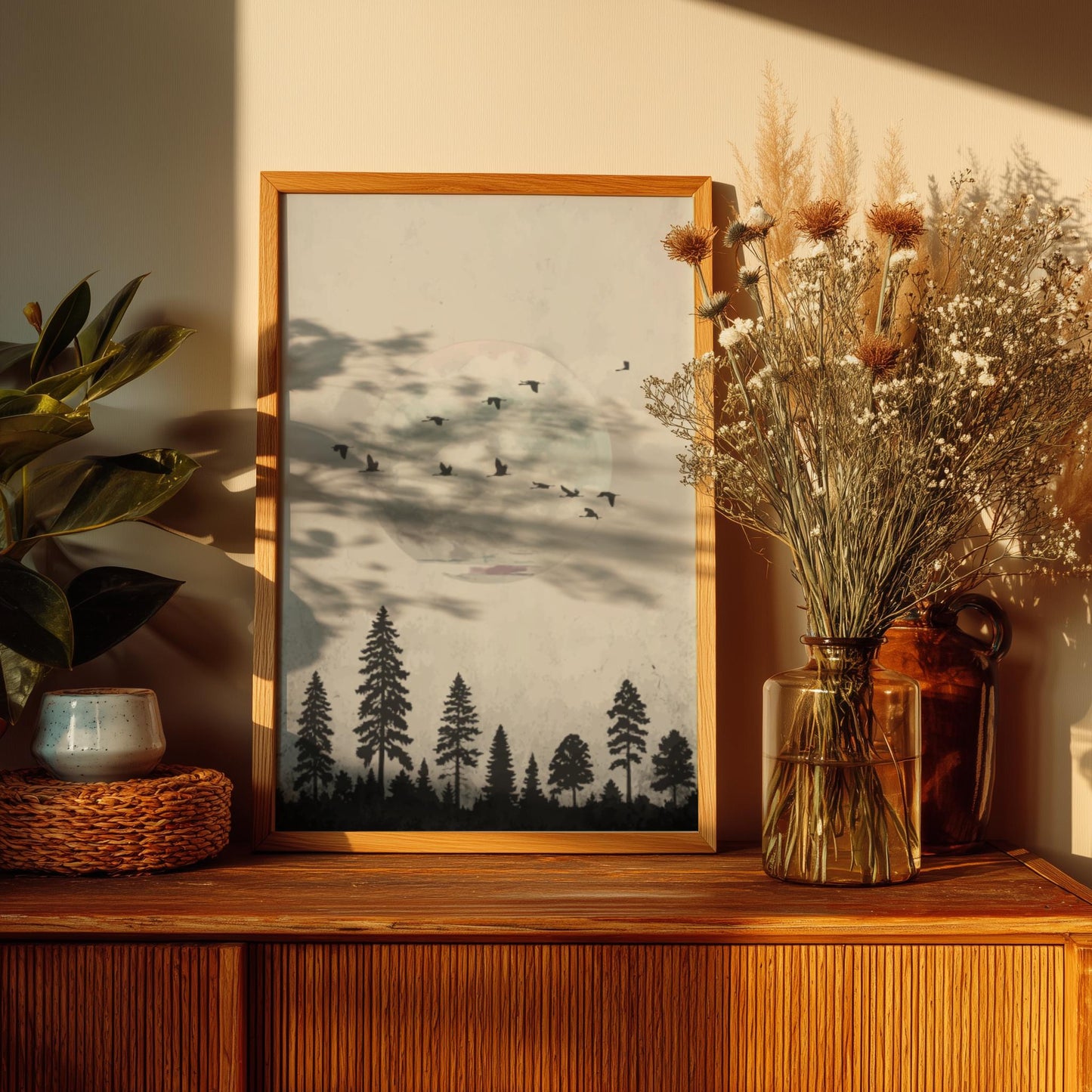 White Moon Forest Wall Art – Minimalist Nature Poster
