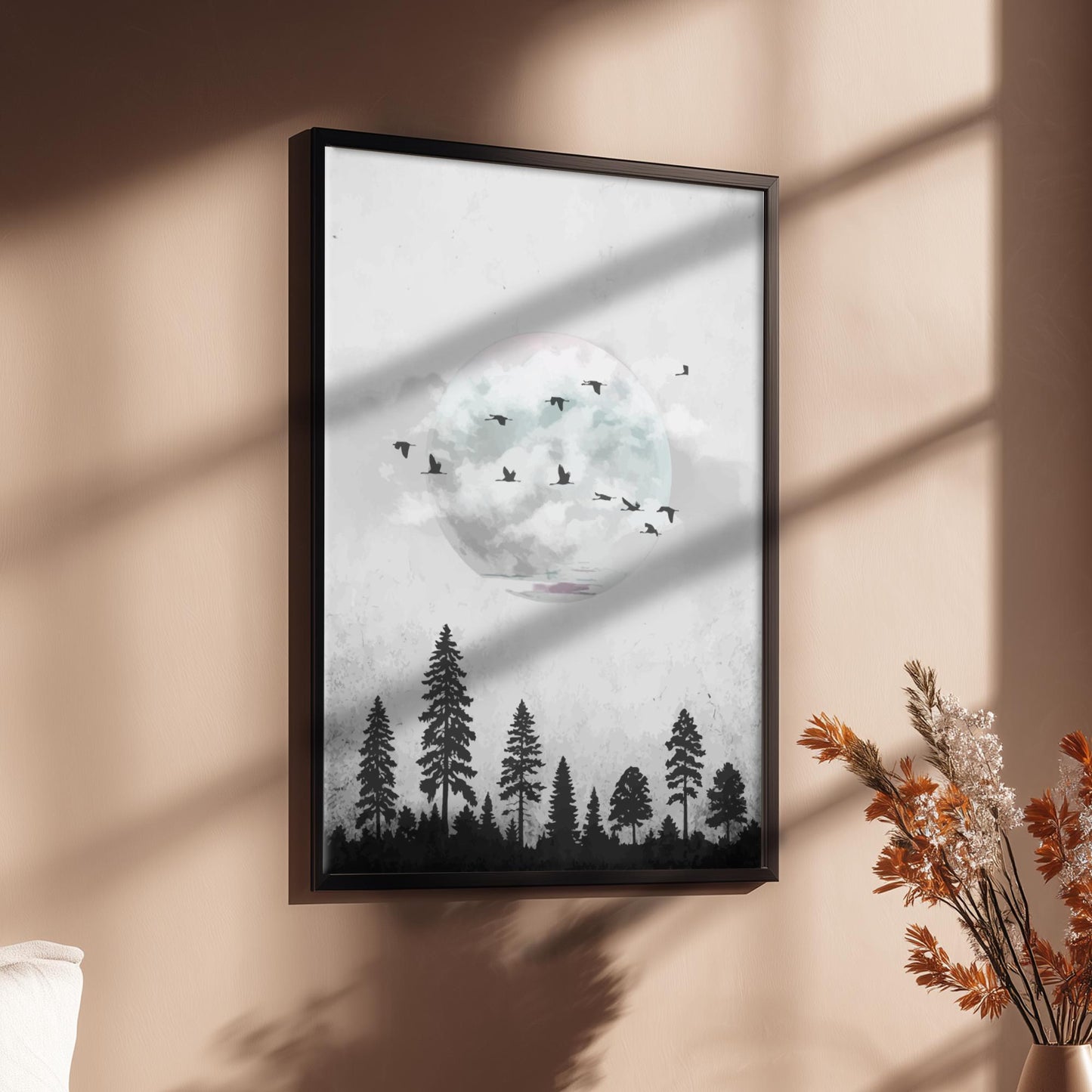White Moon Forest Wall Art – Minimalist Nature Poster