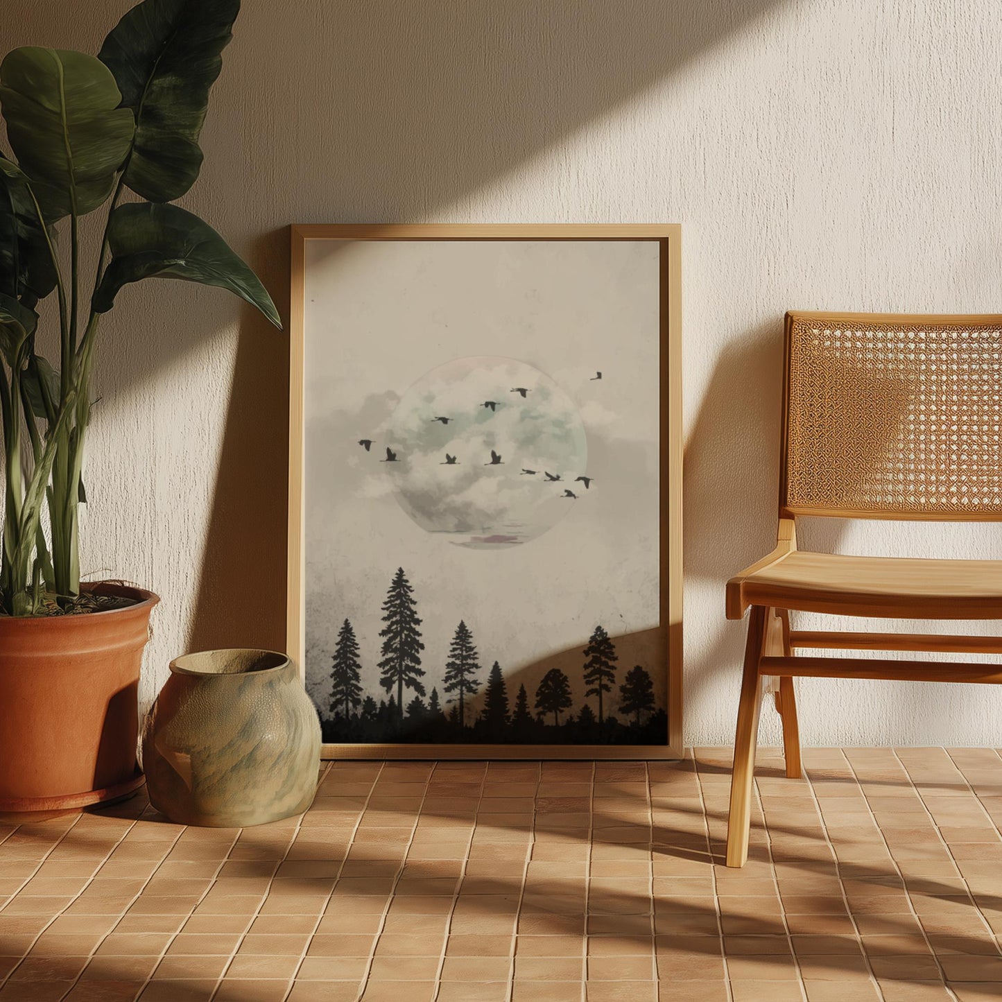 White Moon Forest Wall Art – Minimalist Nature Poster