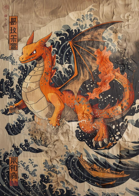 Affiche tapisserie japonaise Dracaufeu - Décoration murale Pokémon JCC et Anime