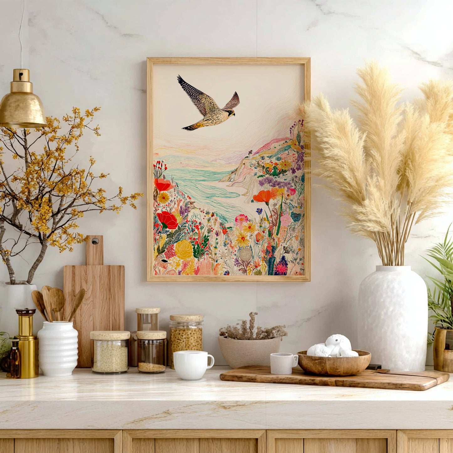 Clifftop Falcon Bloom poster featuring a falcon flying over a colorful floral cliffside and sea.