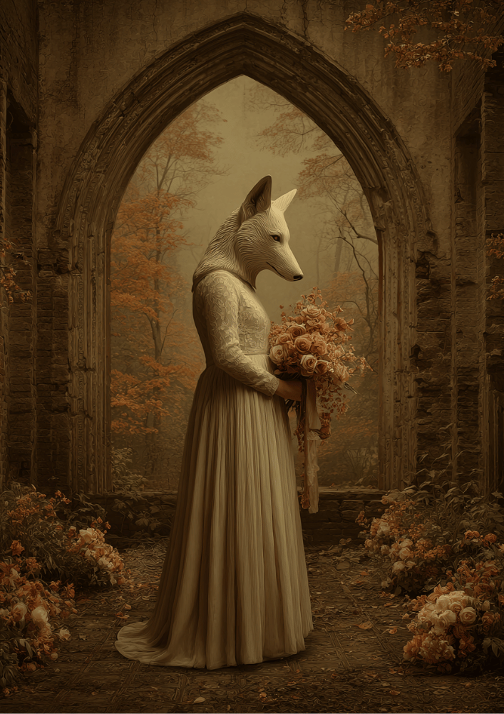 Gothic Animal Wedding Poster – Surreal Wolf-Headed Bride Wall Art Print