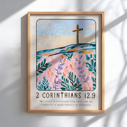 Christian poster featuring 2 Corinthians 12:9 with a cross and floral design in pastel colors