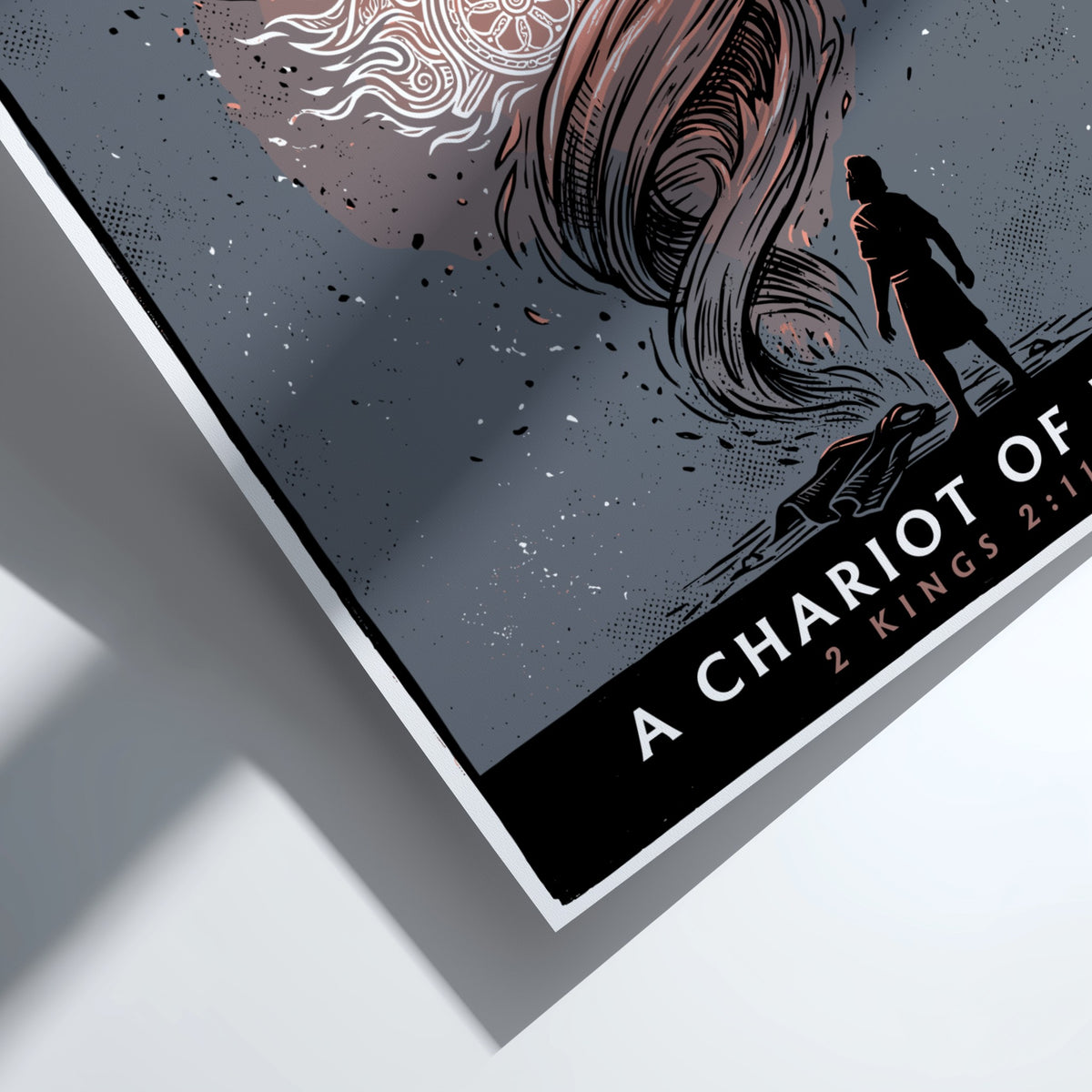 Poster featuring a chariot of fire in a tornado with a lone figure.