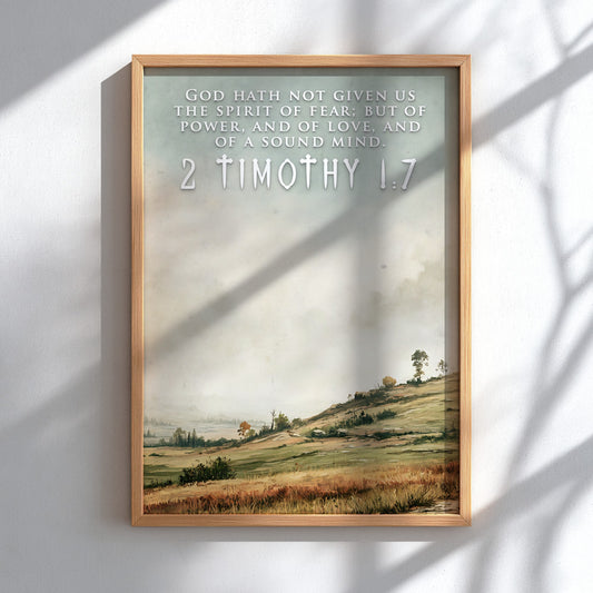 Poster featuring 2 Timothy 1:7 scripture over a soft landscape with rolling hills