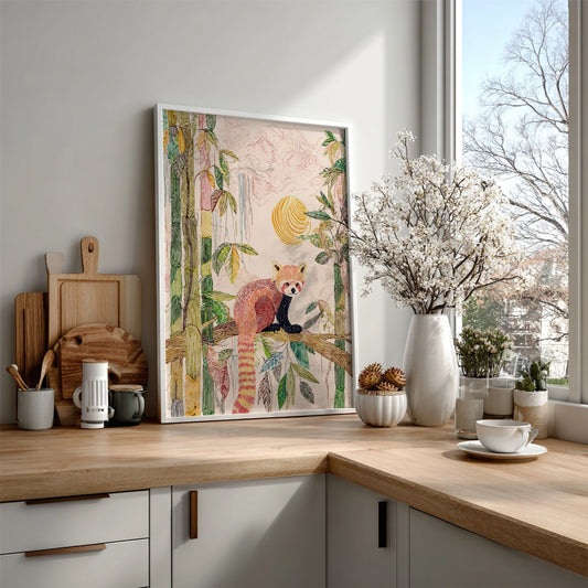 Red panda sitting on a branch in a bamboo forest with a soft sunrise, textured art print.
