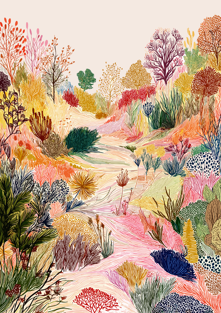 Colorful illustration of a forest path with various plants and trees.