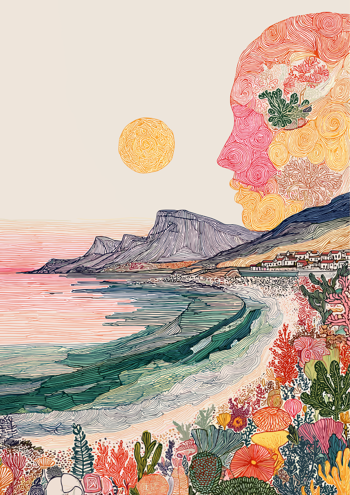 Artistic depiction of a coastal scene with a stylized face made of flowers and plants, set against a mountainous landscape.