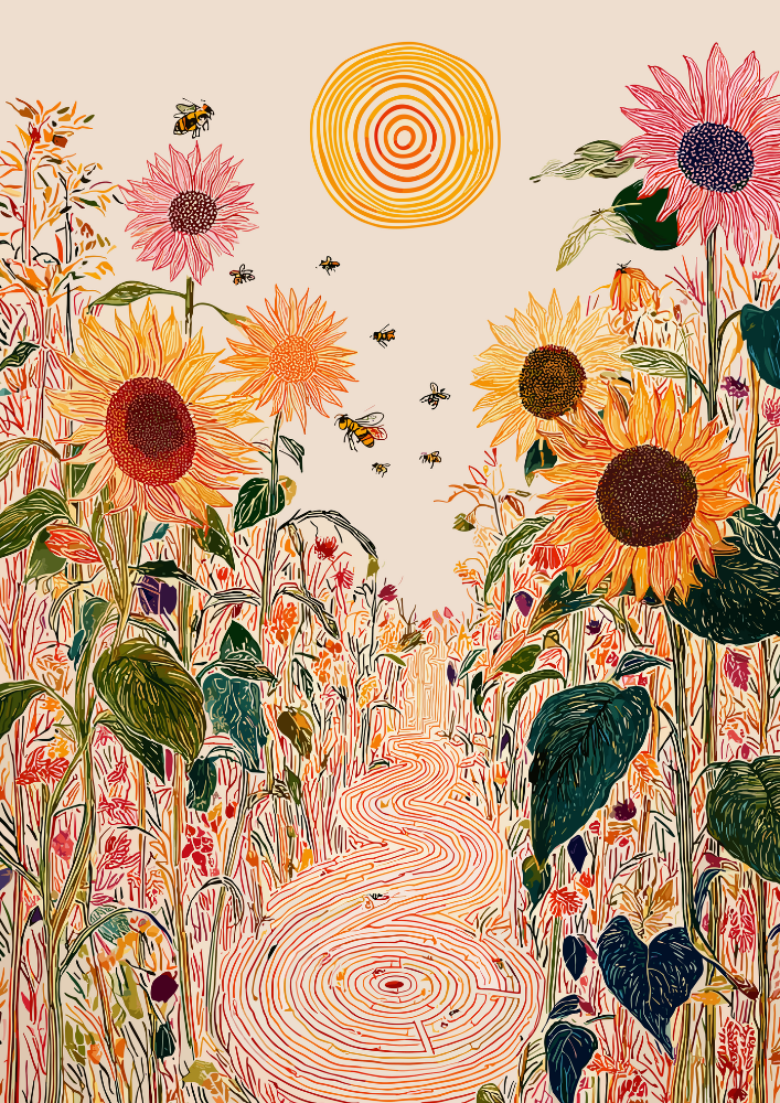 Illustration of a garden with sunflowers, bees, and a winding path on a beige background