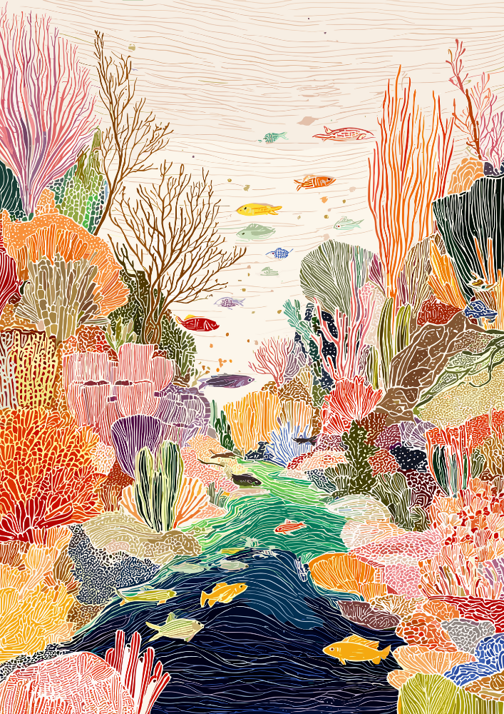 Colorful illustration of a coral reef with various corals and fish.