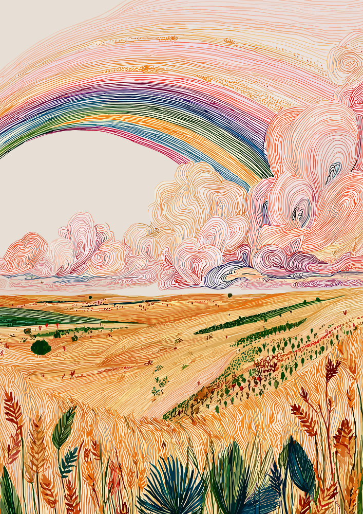 Colorful landscape with a rainbow, fields, and abstract clouds.