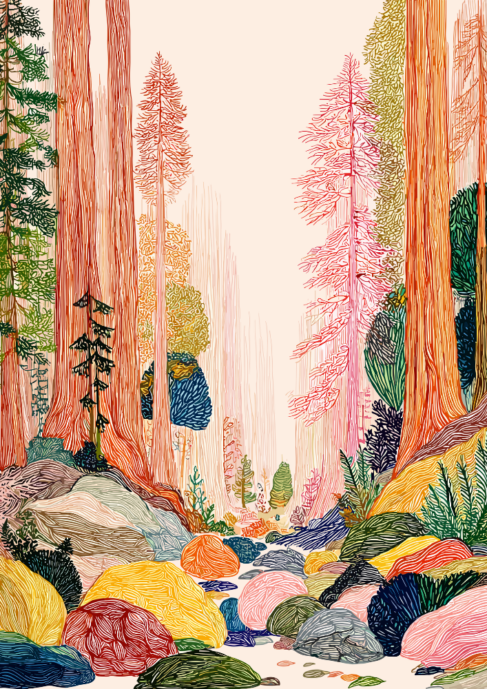 Colorful illustration of a forest with tall trees and rocky terrain.