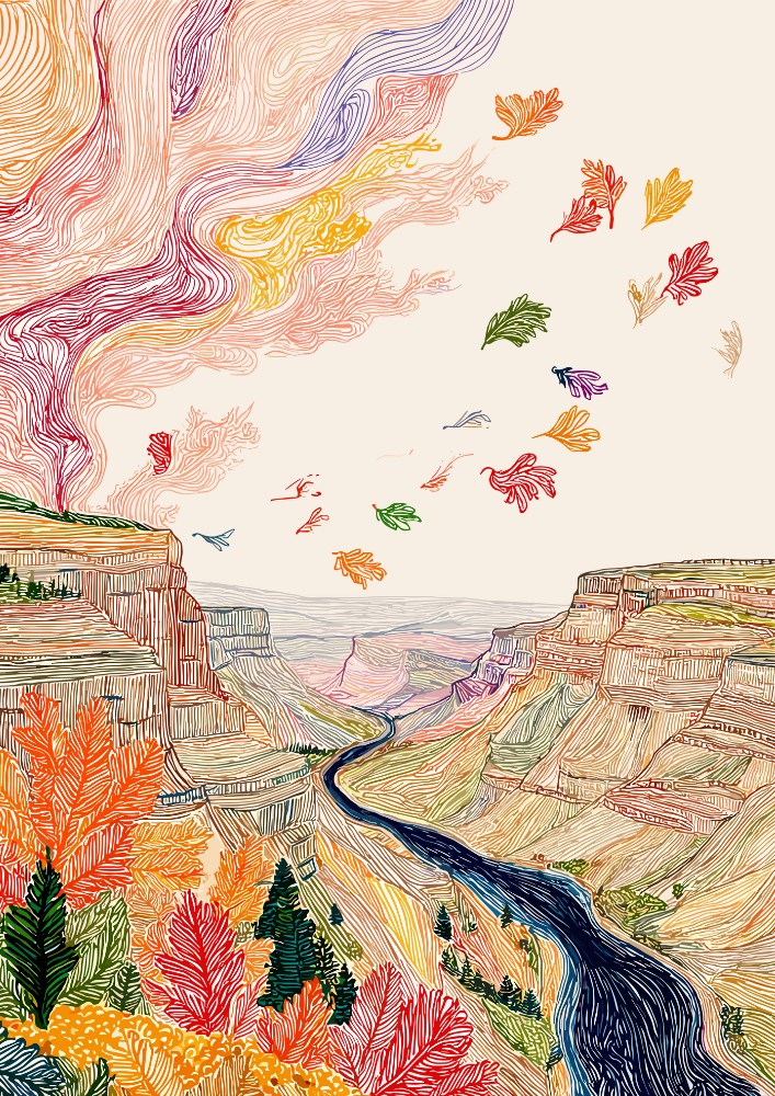 Colorful illustration of a canyon with a river and autumn leaves.