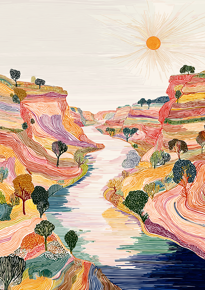 Colorful landscape with a river, trees, and a sun in the sky.