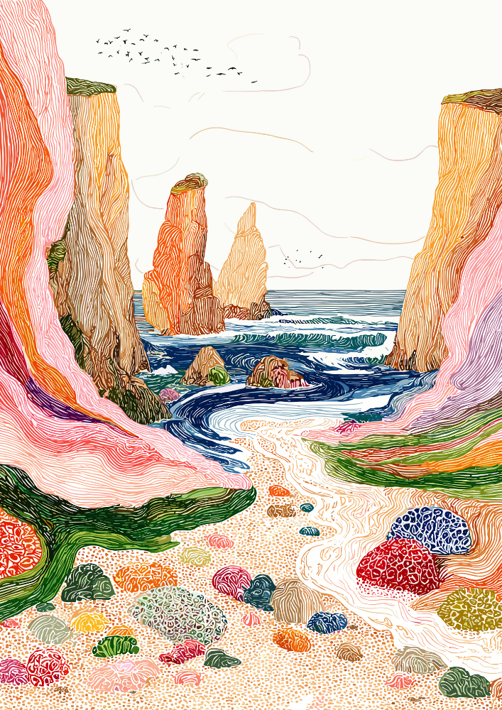 Colorful illustration of a coastal landscape with cliffs, ocean, and coral.