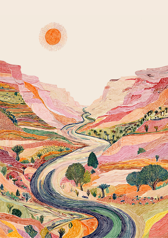 Colorful landscape with a winding road, mountains, and trees under a sun.