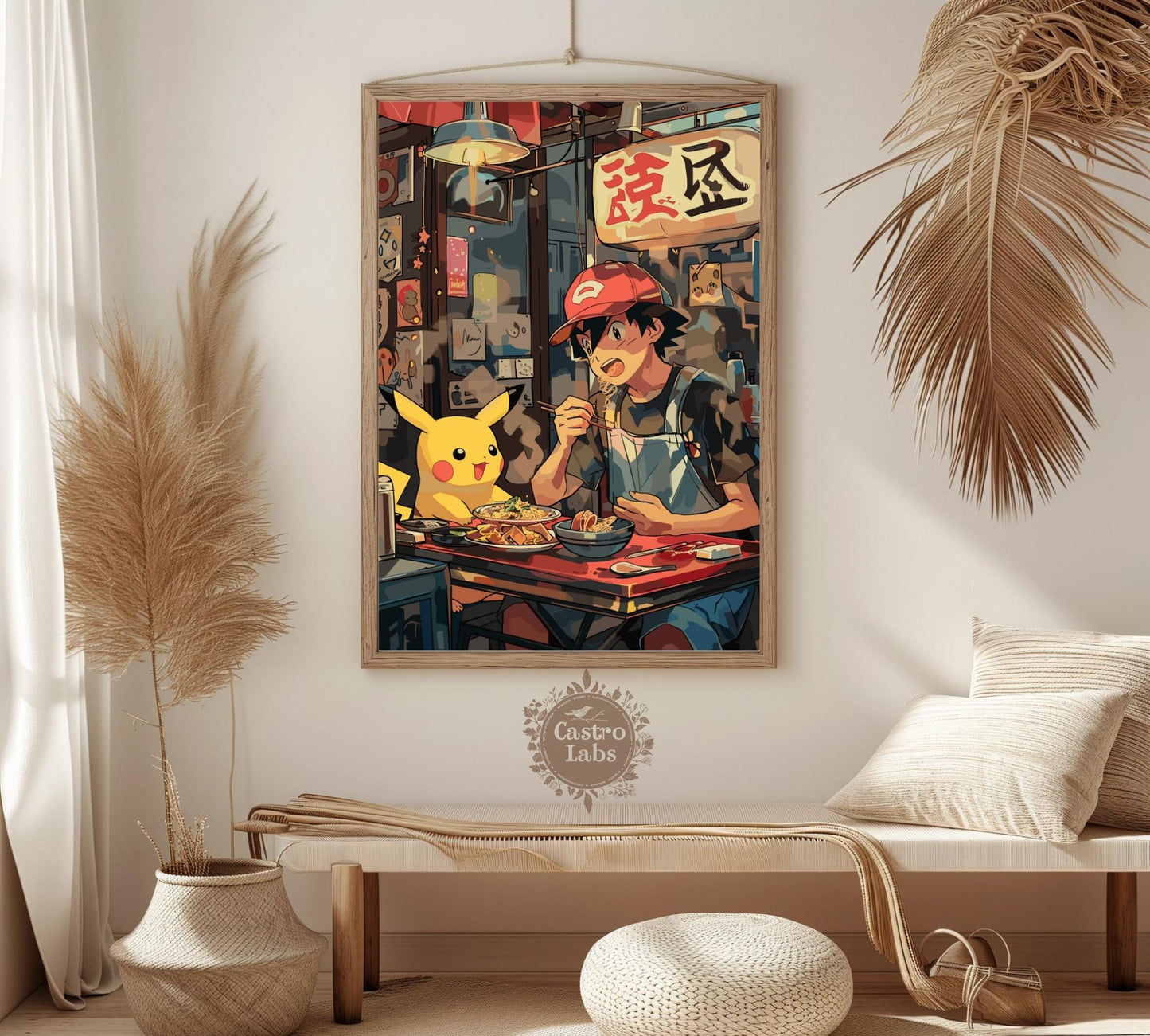 Affiche de ramen Sacha et Pikachu - Décoration murale Pokémon japonaise cosy | Décoration pour les amateurs d'anime et de cuisine