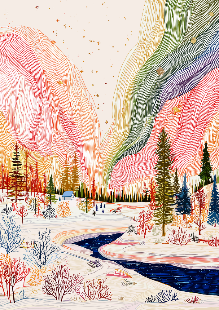 Colorful winter landscape with trees, a river, and abstract sky.