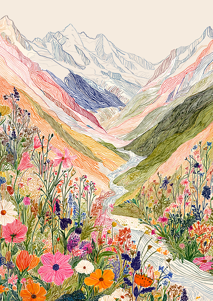 Colorful illustration of a mountain landscape with flowers and a river.
