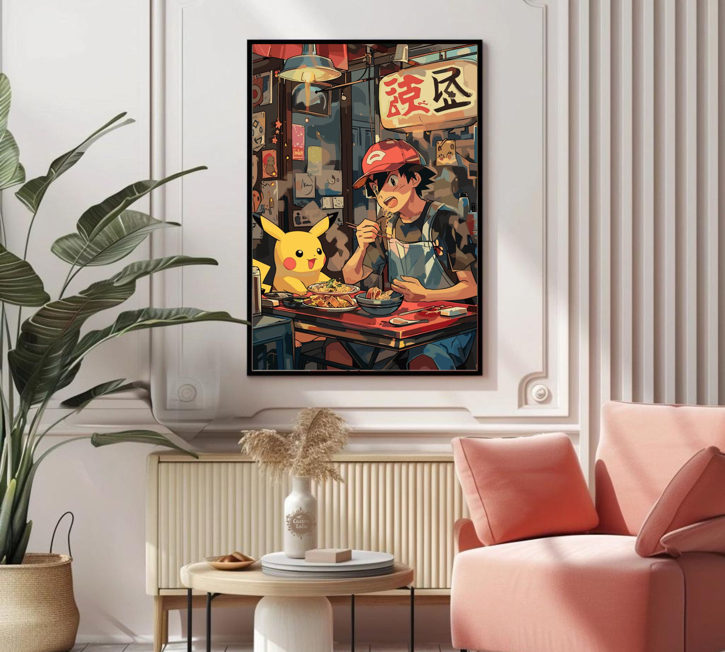 Affiche de ramen Sacha et Pikachu - Décoration murale Pokémon japonaise cosy | Décoration pour les amateurs d'anime et de cuisine