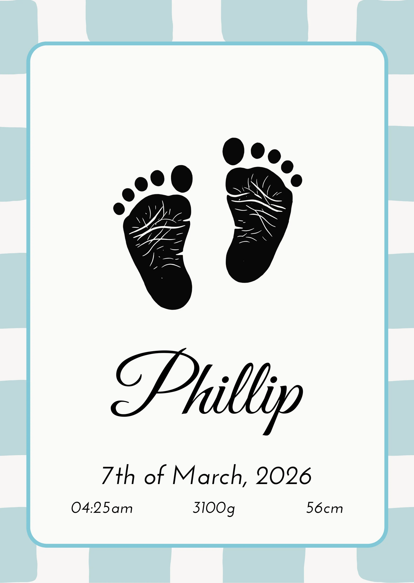 Newborn baby announcement poster with footprints and personalized details on a striped background