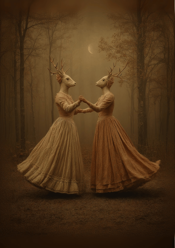 Deer Sisters’ Waltz – Dark Fairytale Forest Print