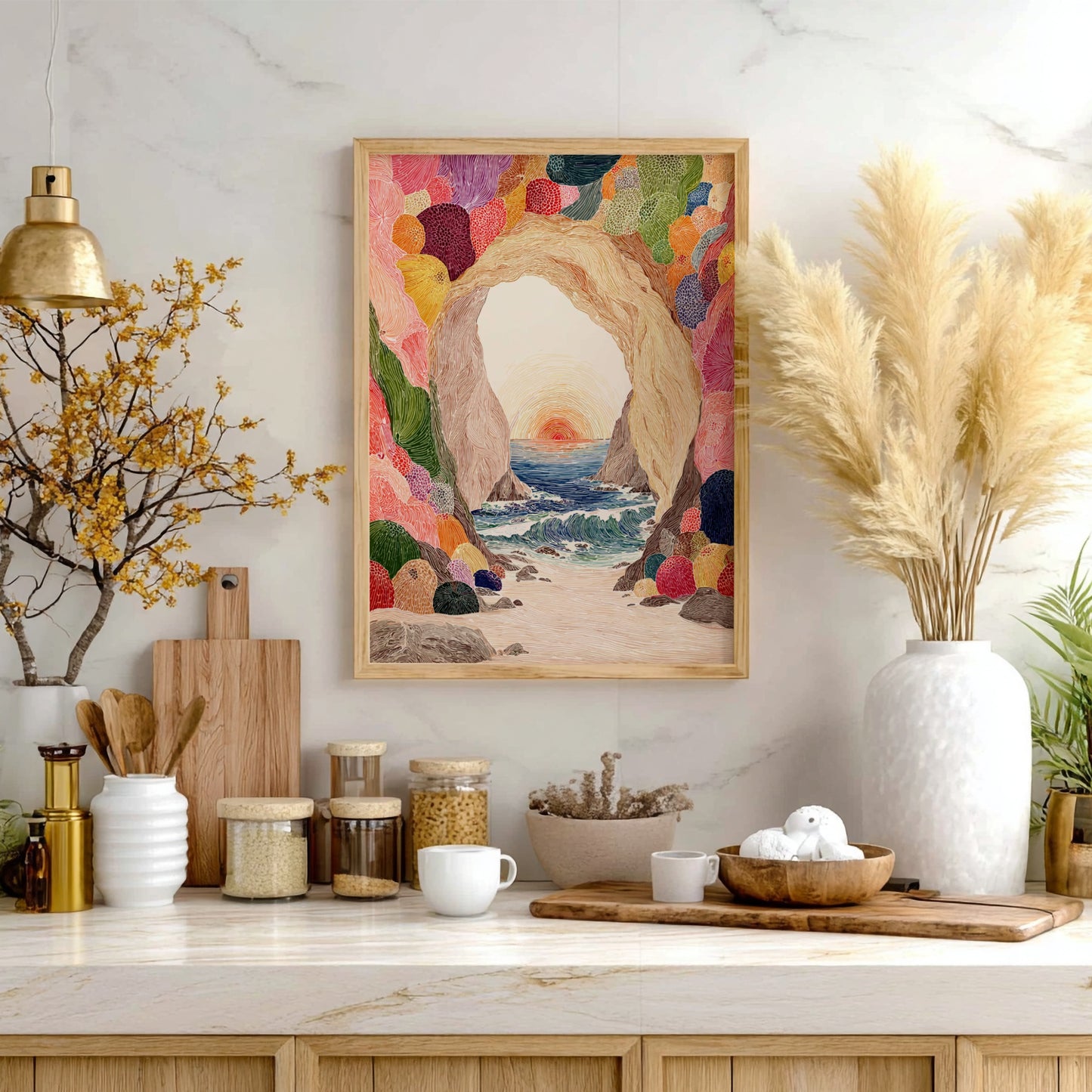 Tide Cave Sunset poster featuring a cave opening overlooking a colorful sunset over the ocean.