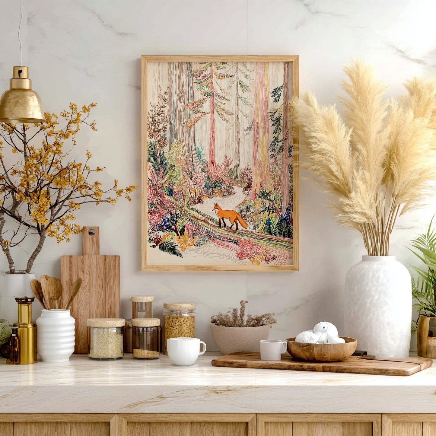 Cedar Fox Mist poster showing a fox walking on a log in a colorful forest.