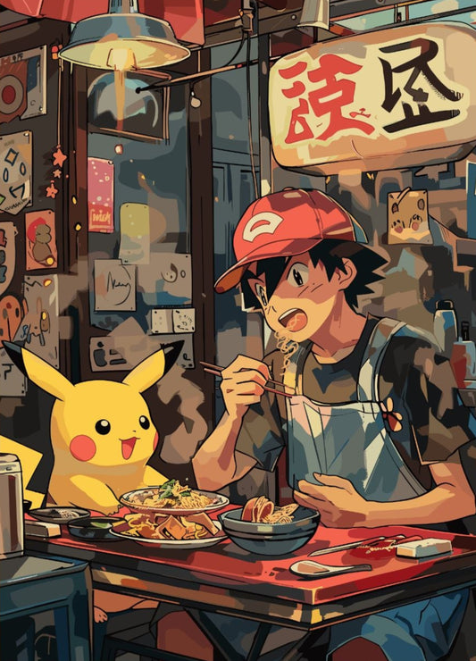 Affiche de ramen Sacha et Pikachu - Décoration murale Pokémon japonaise cosy | Décoration pour les amateurs d'anime et de cuisine