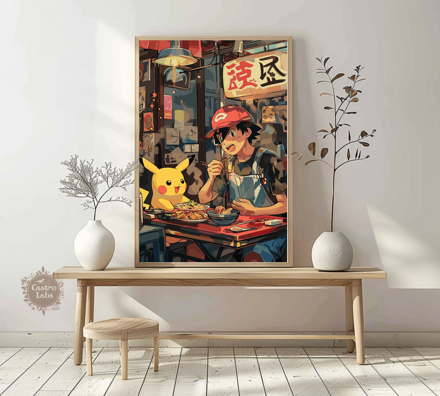 Affiche de ramen Sacha et Pikachu - Décoration murale Pokémon japonaise cosy | Décoration pour les amateurs d'anime et de cuisine