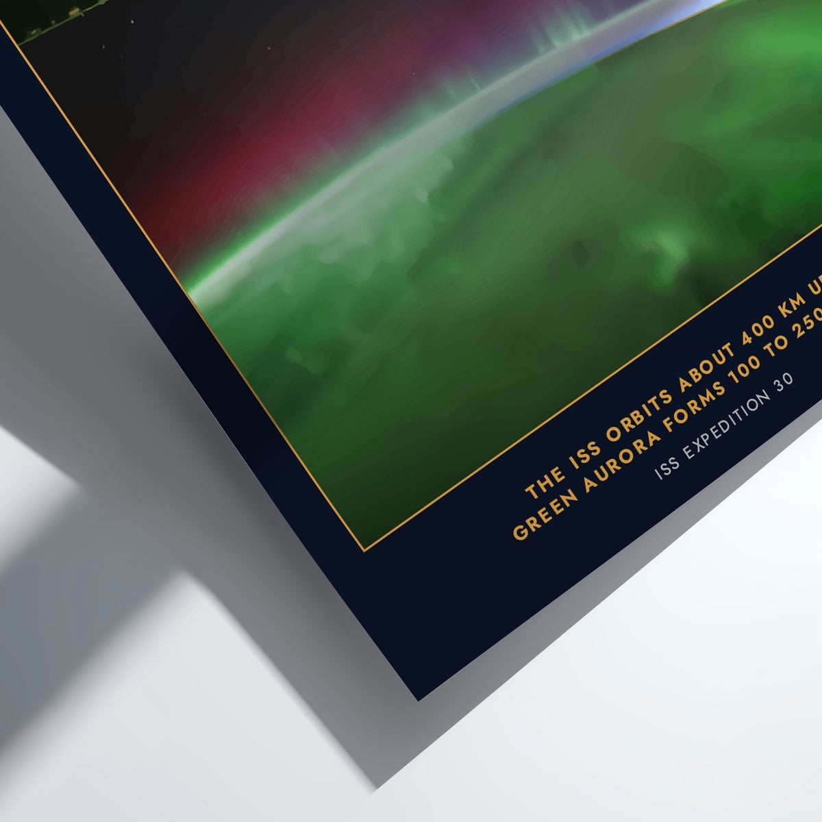 Poster featuring a vibrant green aurora glowing above the curved Earth from space view