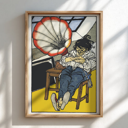 Poster of Moriz Jung's "A Beethoven Enthusiast" illustration, featuring a man by a gramophone.
