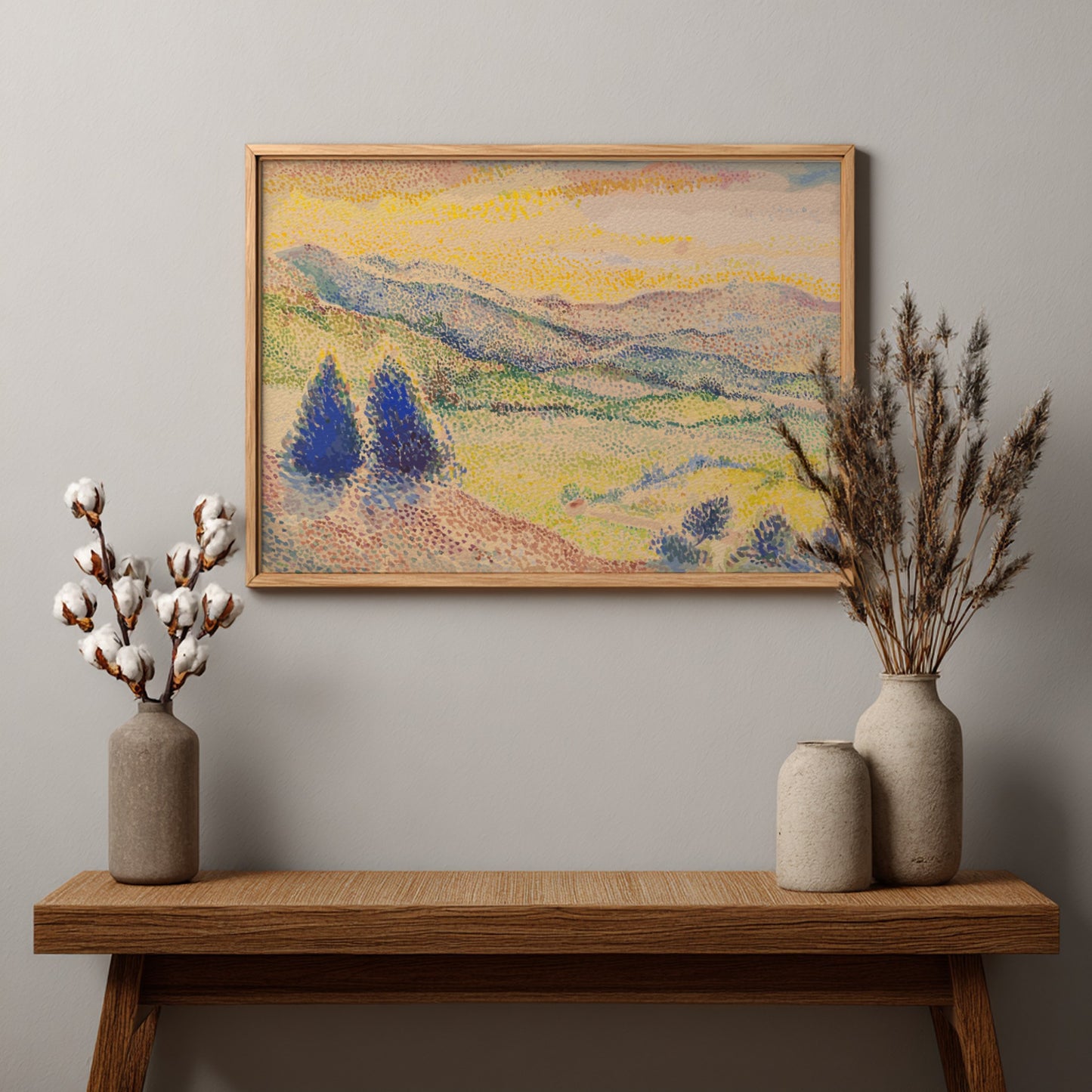 Pointillist drawing of a broad valley at sunset by Hippolyte Petitjean, featuring rolling hills and warm sky.