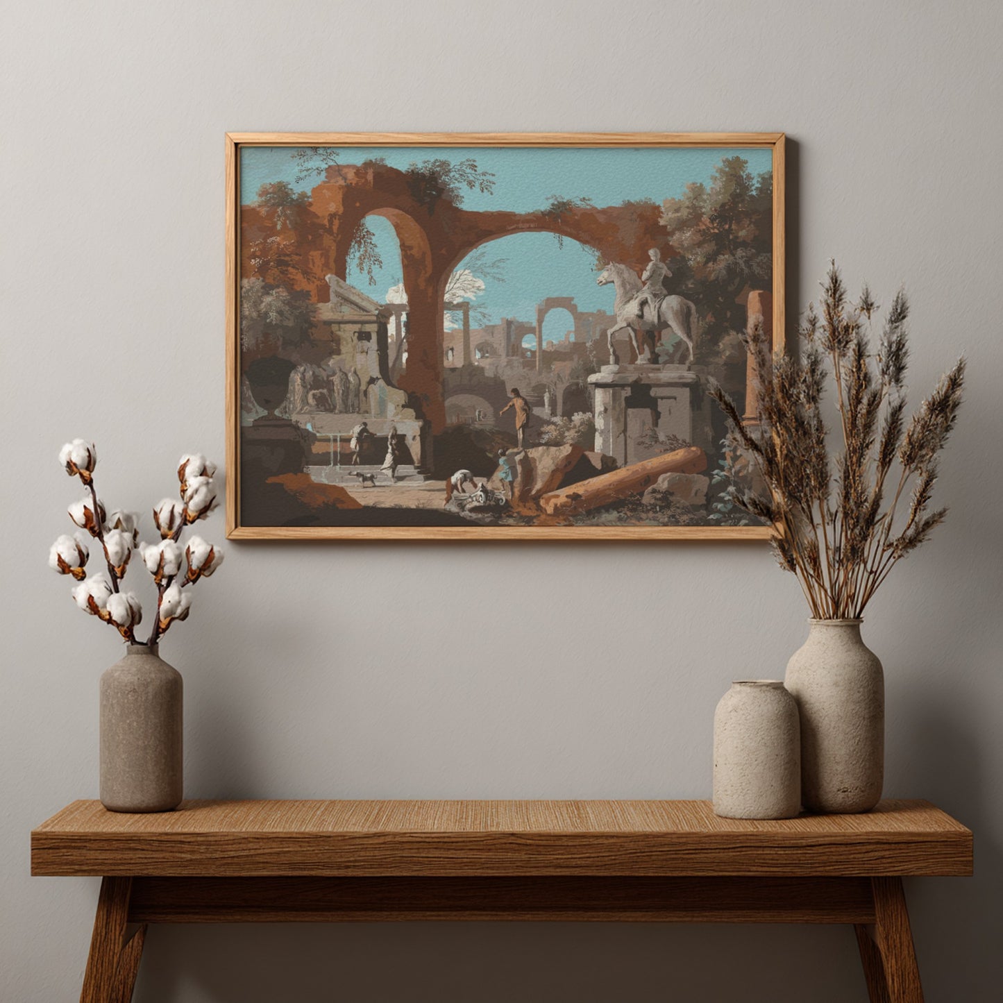 Baroque print of Roman ruins by Marco Ricci, featuring arches, columns, and a statue on horseback.