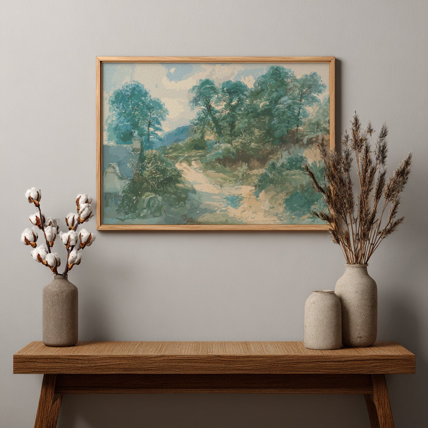 A Country Lane art print by John Middleton, featuring a serene landscape drawing with trees and a winding