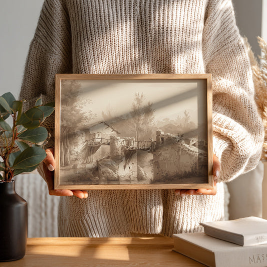 Sepia tone drawing of an ancient stone bridge and a small building by Jean-Jacques de Boissieu.