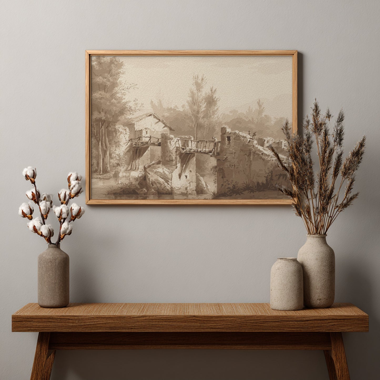 Sepia tone drawing of an ancient stone bridge and a small building by Jean-Jacques de Boissieu.