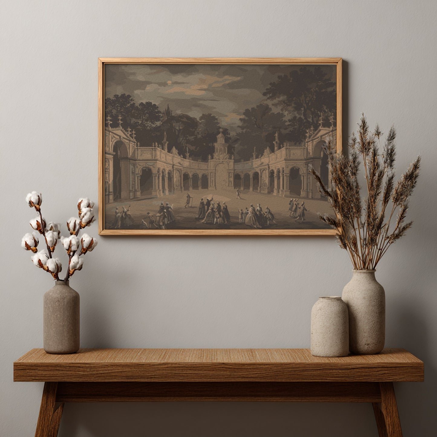 Monochrome architectural drawing of a historical scene with figures in a courtyard, framed in wood.