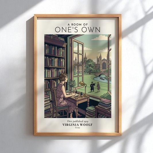Poster featuring a woman writing in a library with a view of a campus
