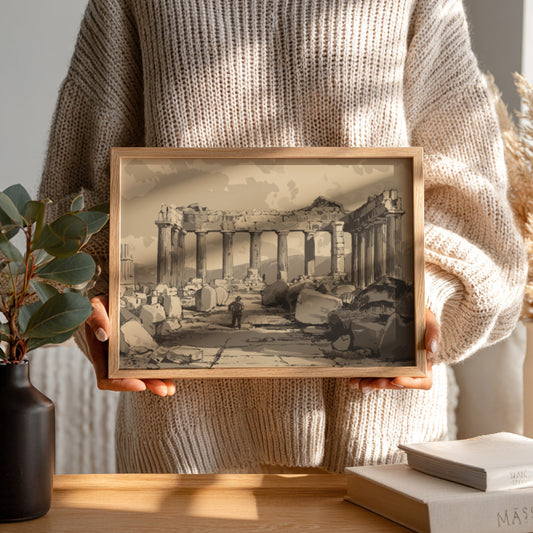 Sepia drawing of the ruins of the Pantheon in Athens, featuring columns and scattered stones.
