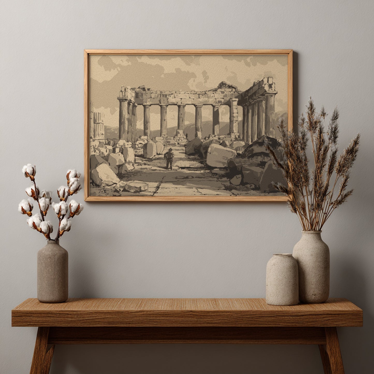 Sepia drawing of the ruins of the Pantheon in Athens, featuring columns and scattered stones.