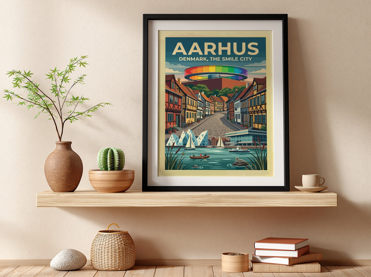 Travel poster of Aarhus Denmark featuring the rainbow walkway above timber houses and boats